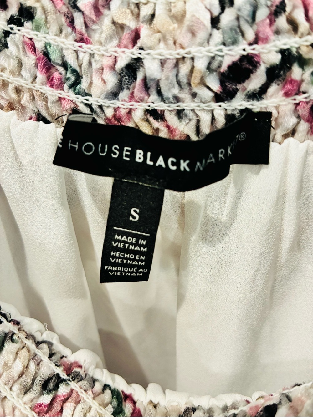 White House Black Market Smocked Off-Shoulder Velvet Top in Pink, Black & White - Picture 3 of 8